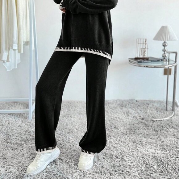 Multicolor Casual Women's Round Neck Drop Shoulder Sweater And Knitted Pants Set - Picture 3 of 6